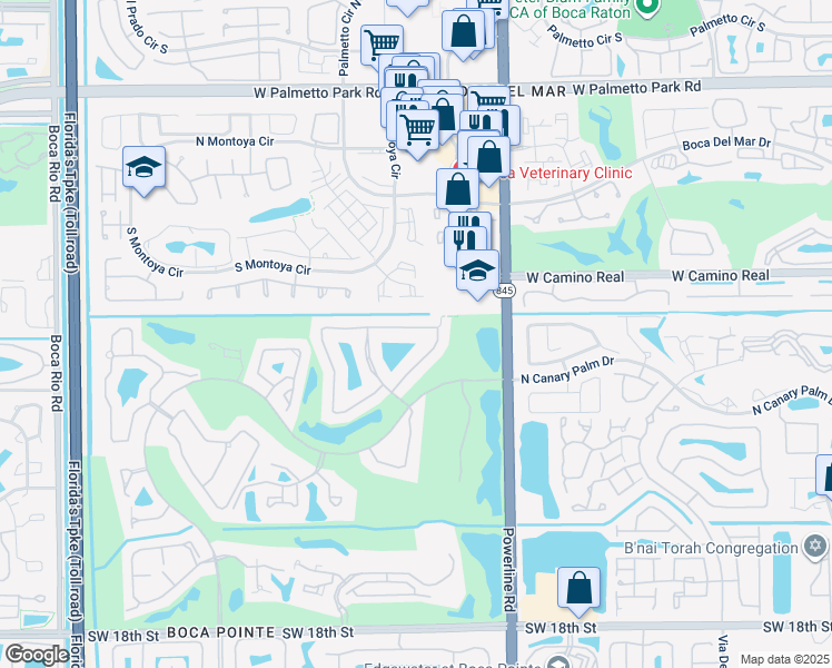 map of restaurants, bars, coffee shops, grocery stores, and more near 7195 Via Palomar in Boca Raton
