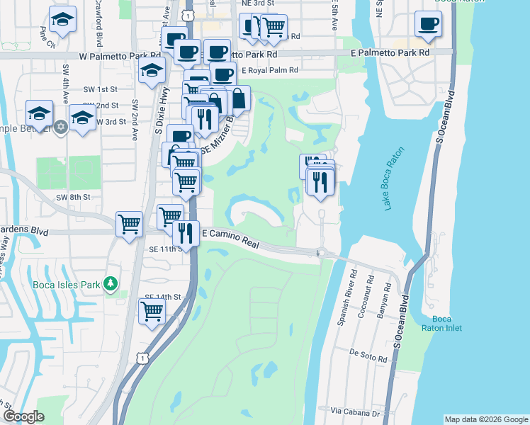 map of restaurants, bars, coffee shops, grocery stores, and more near 361 Mizner Lake Estates Drive in Boca Raton