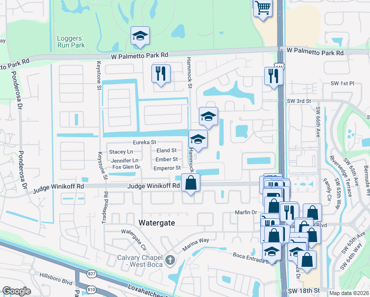 map of restaurants, bars, coffee shops, grocery stores, and more near 10605 Ermine Avenue in Boca Raton