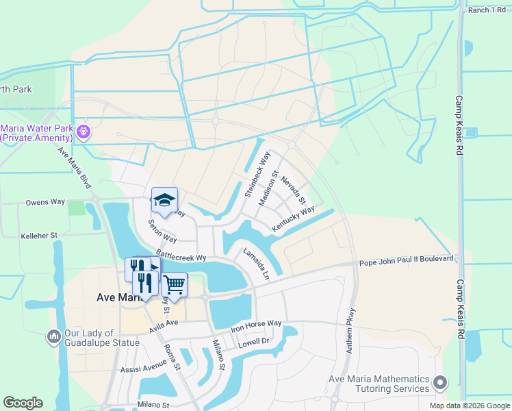 map of restaurants, bars, coffee shops, grocery stores, and more near 4110 Ogden Street in Ave Maria