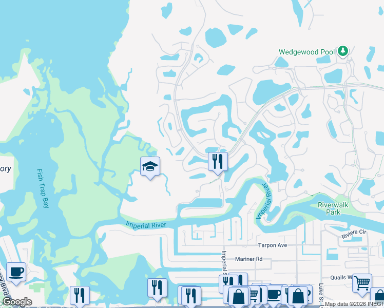 map of restaurants, bars, coffee shops, grocery stores, and more near 4401 Riverwatch Drive in Bonita Springs