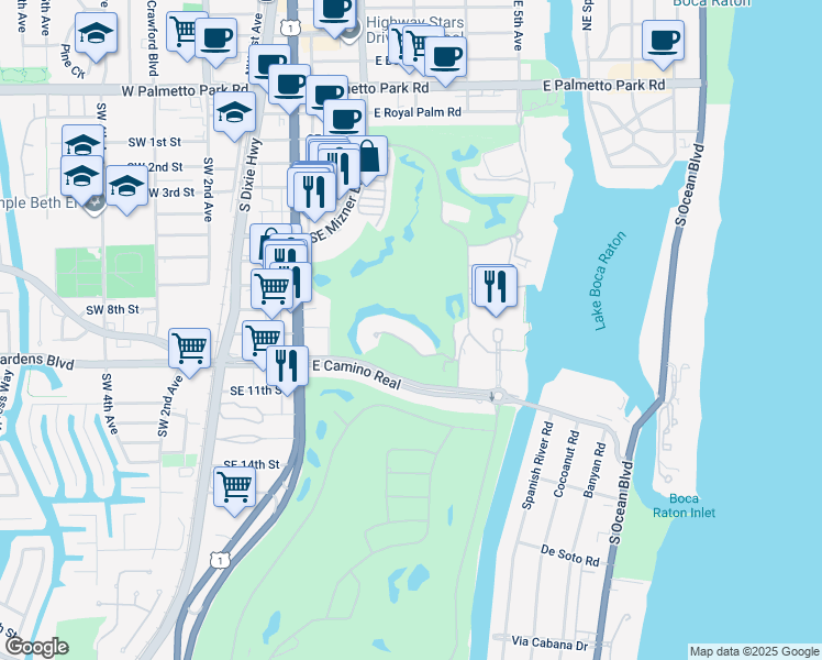 map of restaurants, bars, coffee shops, grocery stores, and more near 361 Mizner Lake Estates Drive in Boca Raton