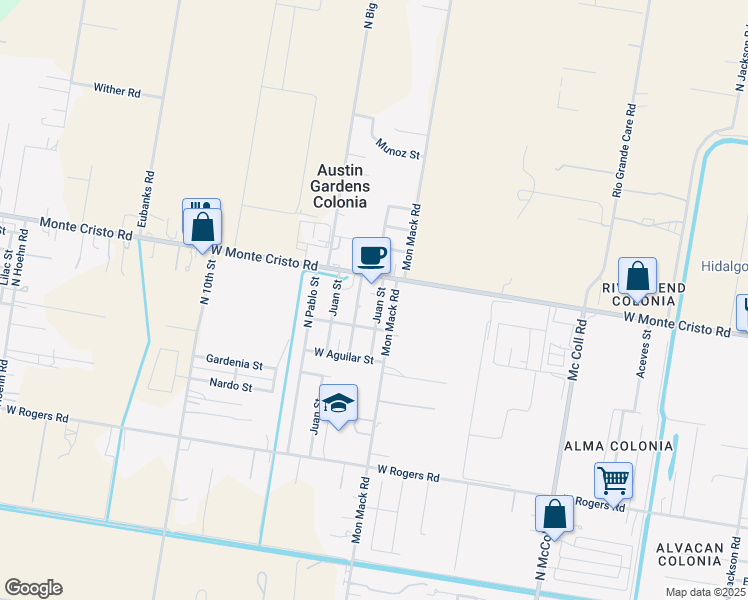 map of restaurants, bars, coffee shops, grocery stores, and more near 3418 Belinda Street in Edinburg