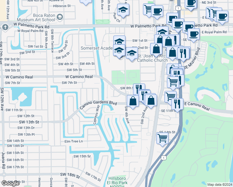 map of restaurants, bars, coffee shops, grocery stores, and more near 482 Southwest 9th Street in Boca Raton