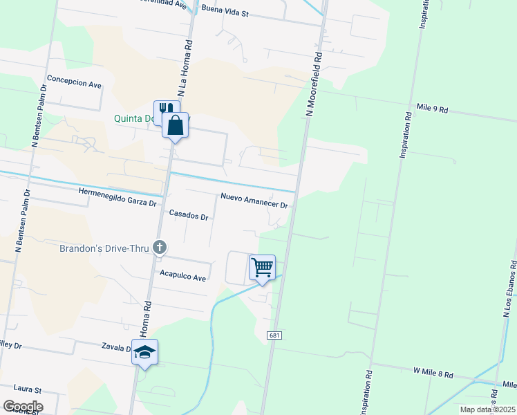 map of restaurants, bars, coffee shops, grocery stores, and more near 2111 Nuevo Amanecer Drive in Mission