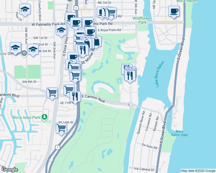 map of restaurants, bars, coffee shops, grocery stores, and more near 361 Mizner Lake Estates Drive in Boca Raton
