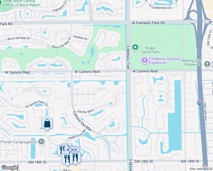 map of restaurants, bars, coffee shops, grocery stores, and more near 5650 Camino Del Sol in Boca Raton