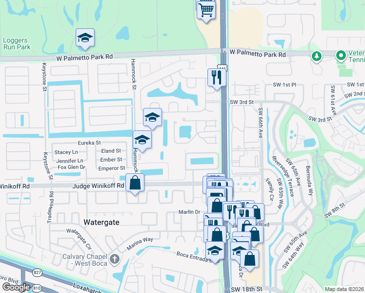 map of restaurants, bars, coffee shops, grocery stores, and more near 10008 Country Brook Road in Boca Raton