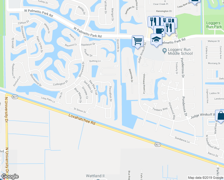 map of restaurants, bars, coffee shops, grocery stores, and more near 22460 Swordfish Drive in Boca Raton