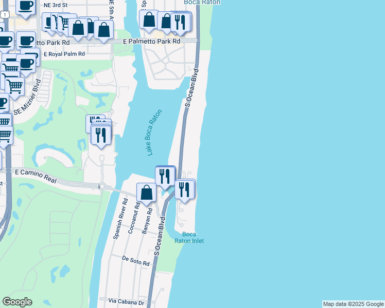 map of restaurants, bars, coffee shops, grocery stores, and more near 750 South Ocean Boulevard in Boca Raton