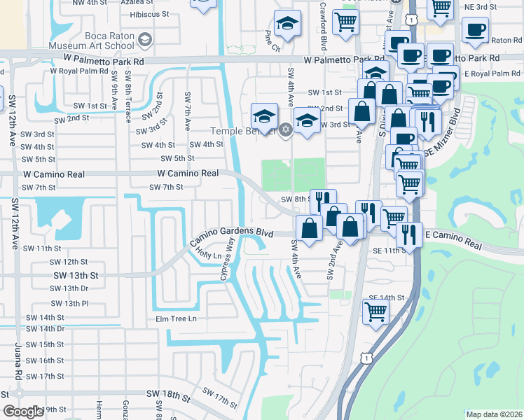 map of restaurants, bars, coffee shops, grocery stores, and more near 482 Southwest 9th Street in Boca Raton