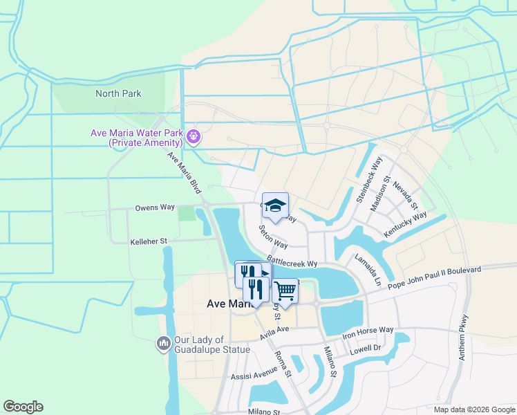 map of restaurants, bars, coffee shops, grocery stores, and more near 4910 Seton Way in Ave Maria