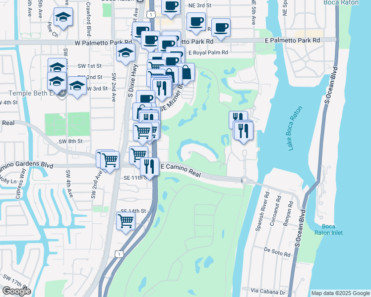map of restaurants, bars, coffee shops, grocery stores, and more near 319 Mizner Lake Estates Drive in Boca Raton