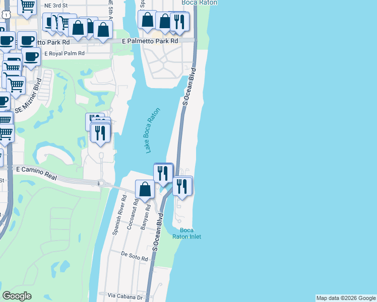 map of restaurants, bars, coffee shops, grocery stores, and more near 750 South Ocean Boulevard in Boca Raton