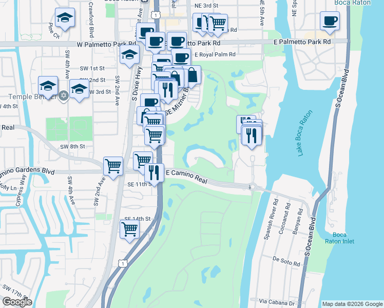 map of restaurants, bars, coffee shops, grocery stores, and more near 301 Mizner Lake Estates Drive in Boca Raton