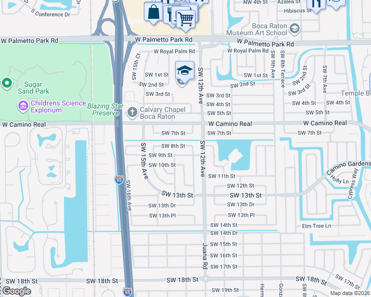 map of restaurants, bars, coffee shops, grocery stores, and more near 1248 Southwest 9th Street in Boca Raton