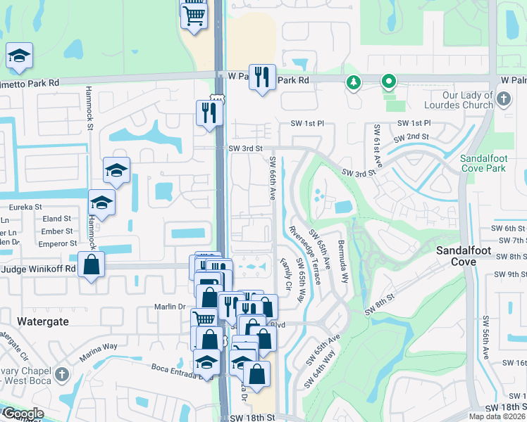 map of restaurants, bars, coffee shops, grocery stores, and more near 22511 Southwest 66th Avenue in Boca Raton