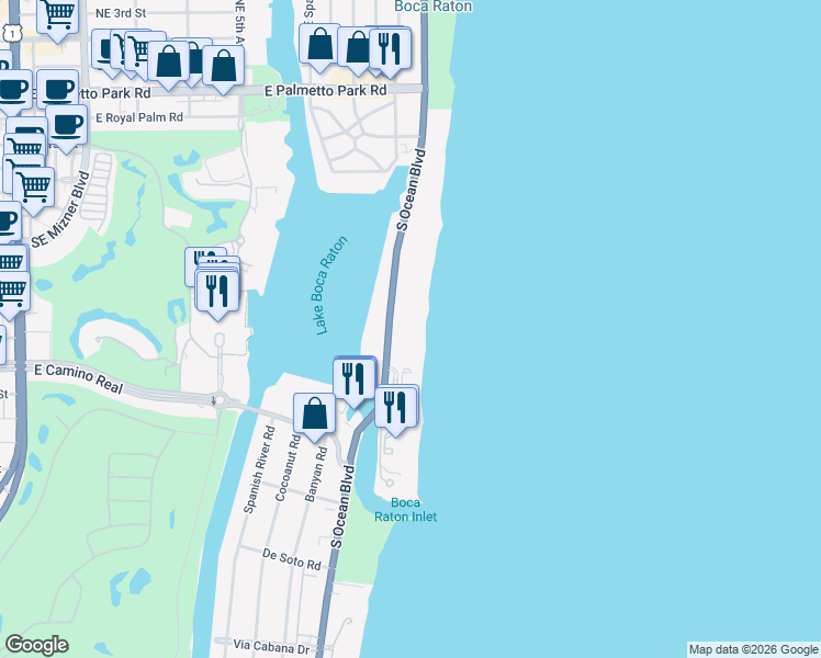 map of restaurants, bars, coffee shops, grocery stores, and more near 750 South Ocean Boulevard in Boca Raton
