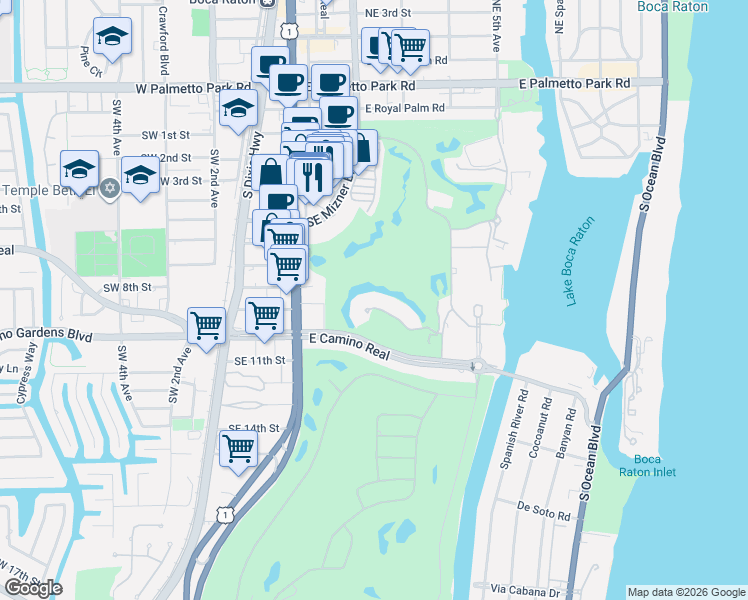 map of restaurants, bars, coffee shops, grocery stores, and more near 319 Mizner Lake Estates Drive in Boca Raton