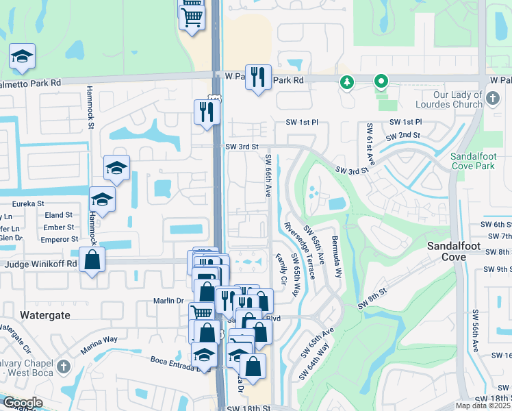 map of restaurants, bars, coffee shops, grocery stores, and more near 22301 Southwest 66th Avenue in Boca Raton