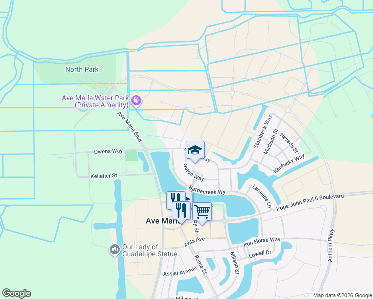 map of restaurants, bars, coffee shops, grocery stores, and more near Owens Way in Ave Maria