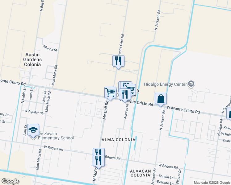 map of restaurants, bars, coffee shops, grocery stores, and more near 3808 Rio Grande Care Road in Edinburg