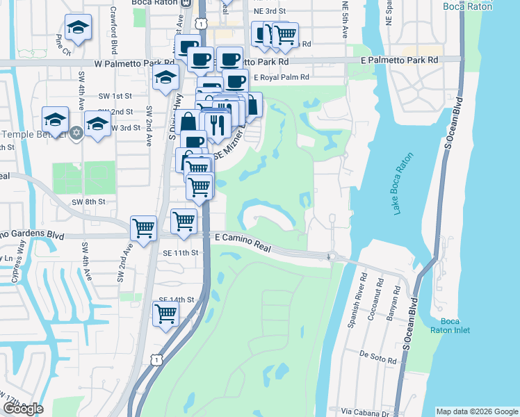 map of restaurants, bars, coffee shops, grocery stores, and more near 319 Mizner Lake Estates Drive in Boca Raton