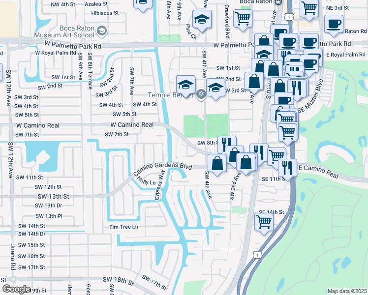 map of restaurants, bars, coffee shops, grocery stores, and more near 491 West Camino Real in Boca Raton