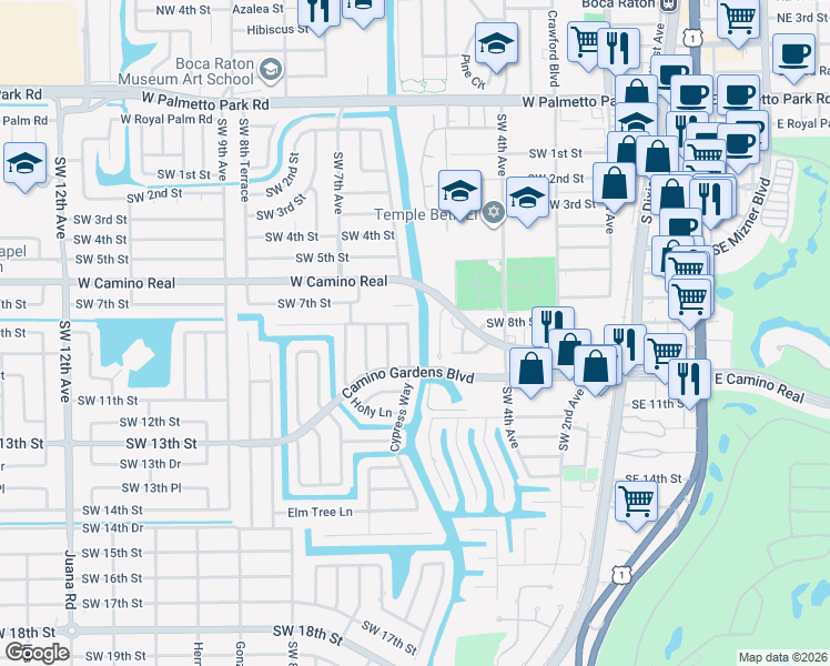 map of restaurants, bars, coffee shops, grocery stores, and more near 599 Apple Tree Lane in Boca Raton