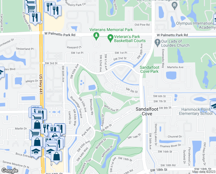 map of restaurants, bars, coffee shops, grocery stores, and more near 22415 Southwest 61st Way in Boca Raton