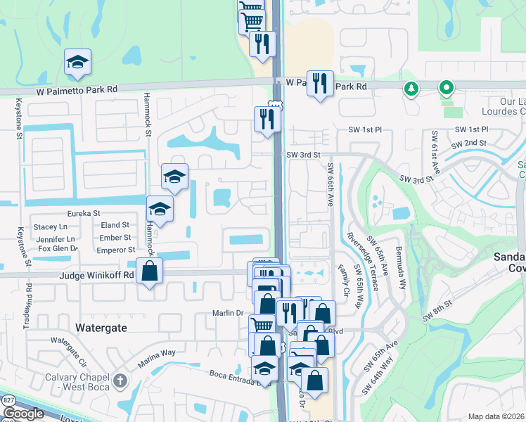 map of restaurants, bars, coffee shops, grocery stores, and more near 22423 Overture Circle in Boca Raton