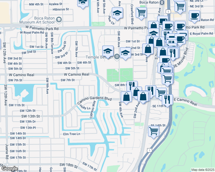 map of restaurants, bars, coffee shops, grocery stores, and more near 491 West Camino Real in Boca Raton