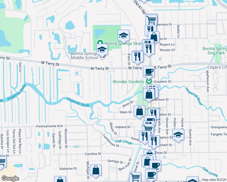 map of restaurants, bars, coffee shops, grocery stores, and more near 27180 Williams Road in Bonita Springs