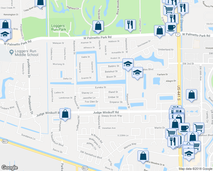 map of restaurants, bars, coffee shops, grocery stores, and more near 10745 Eureka Street in Boca Raton