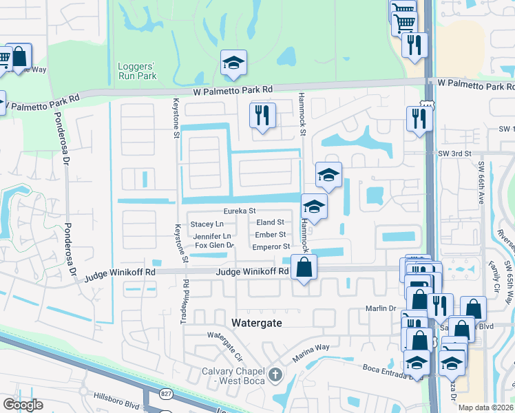 map of restaurants, bars, coffee shops, grocery stores, and more near 10735 Eureka Street in Boca Raton