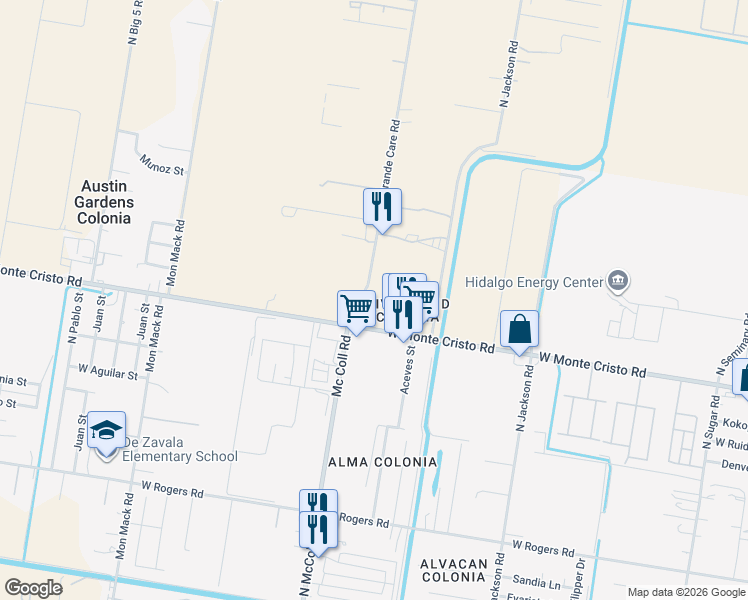 map of restaurants, bars, coffee shops, grocery stores, and more near 3808 Rio Grande Care Road in Edinburg