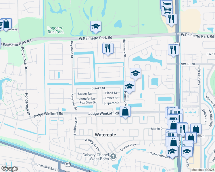 map of restaurants, bars, coffee shops, grocery stores, and more near 10735 Eureka Street in Boca Raton