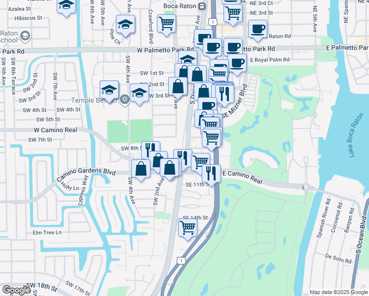 map of restaurants, bars, coffee shops, grocery stores, and more near 747 South Dixie Highway in Boca Raton