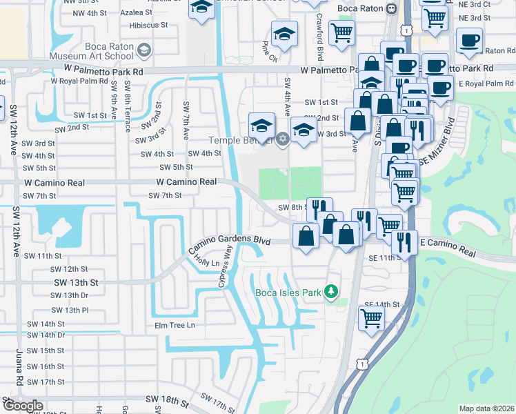 map of restaurants, bars, coffee shops, grocery stores, and more near 480 West Camino Real in Boca Raton