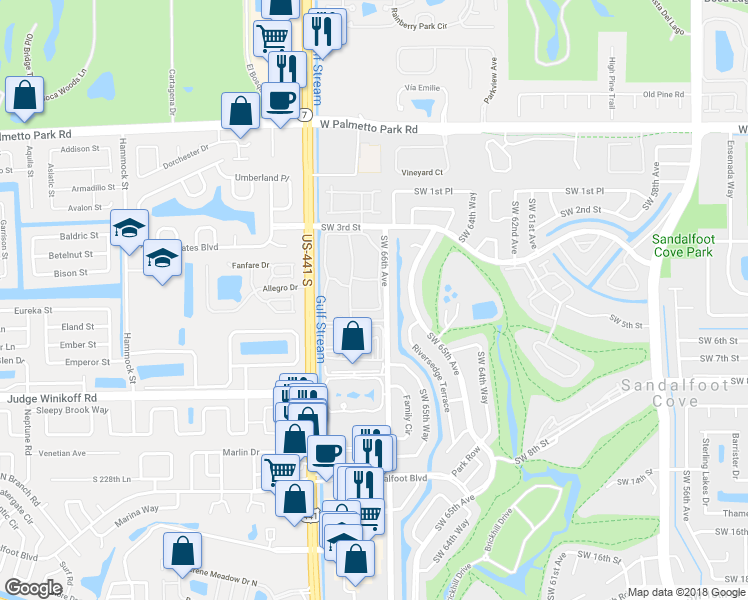 map of restaurants, bars, coffee shops, grocery stores, and more near 22301 Southwest 66th Avenue in Boca Raton