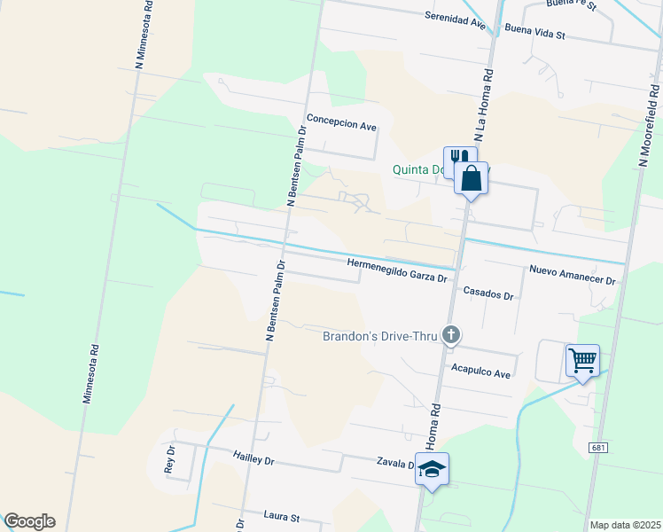 map of restaurants, bars, coffee shops, grocery stores, and more near 3501 Hermenegildo Garza Drive in Mission