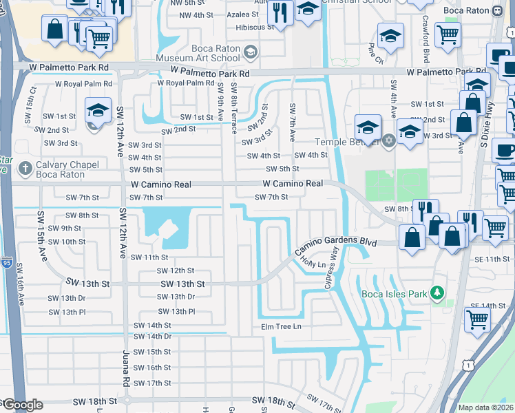 map of restaurants, bars, coffee shops, grocery stores, and more near 808 Southwest 7th Street in Boca Raton