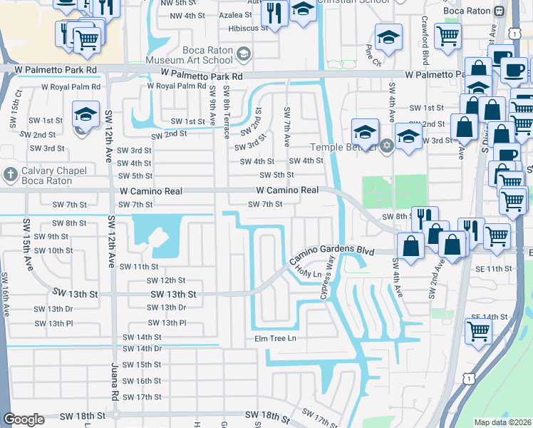 map of restaurants, bars, coffee shops, grocery stores, and more near 745 Apple Tree Lane in Boca Raton