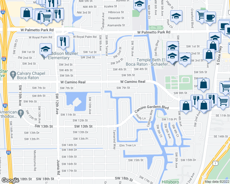 map of restaurants, bars, coffee shops, grocery stores, and more near 808 Southwest 7th Street in Boca Raton