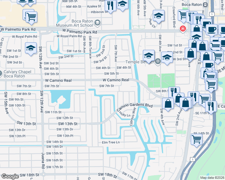 map of restaurants, bars, coffee shops, grocery stores, and more near 699 Apple Tree Lane in Boca Raton