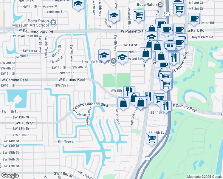map of restaurants, bars, coffee shops, grocery stores, and more near 799 Southwest 4th Avenue in Boca Raton