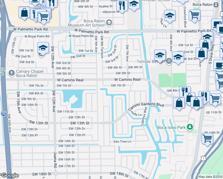 map of restaurants, bars, coffee shops, grocery stores, and more near 808 Southwest 7th Street in Boca Raton