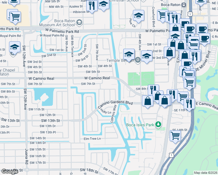 map of restaurants, bars, coffee shops, grocery stores, and more near 631 Apple Tree Lane in Boca Raton
