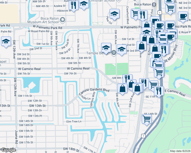 map of restaurants, bars, coffee shops, grocery stores, and more near 599 Apple Tree Lane in Boca Raton