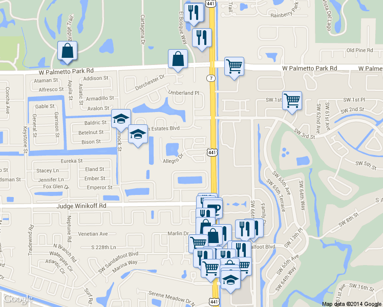 map of restaurants, bars, coffee shops, grocery stores, and more near 10131 Festival Way in Boca Raton